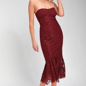 Lulus Divine Nights Burgundy Lace Strapless Midi Dres